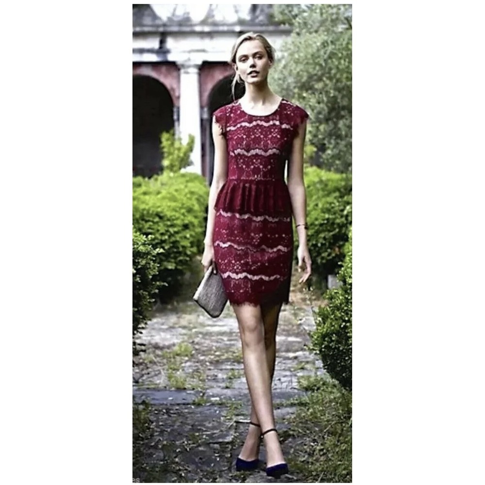 Anthropologie MAEVE Elsa Peplum Dress Red Wine Burgundy Nude Lace Red Sz XS 0